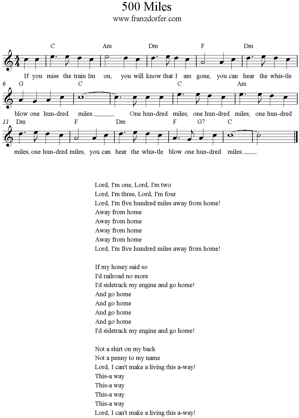 500 Miles, Freesheetmusic, C-Major